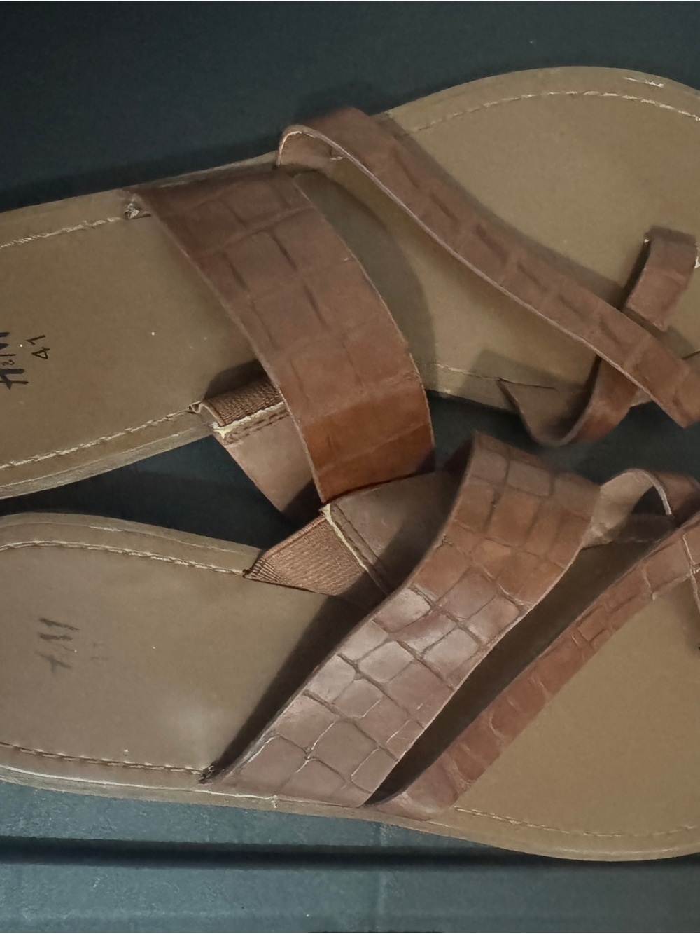 Zara Brown Croc-Texture Strappy Slide Sandals